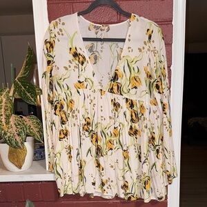 Free People Floral V-Neck Blouse in Cream and Yellow Small